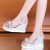 Женские модные сандалии с открытым носком и цветочным принтом, модельные серебряные сандалии, женская обувь на танкетке со стразами, обувь для вечеринок на платформе563