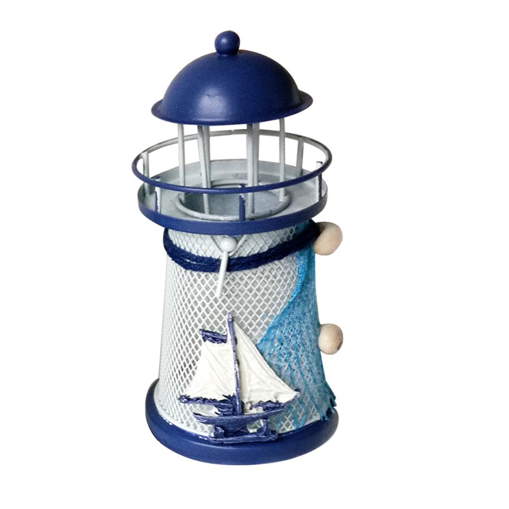 Mediterranean Lighthouse Iron Candle Candlestick Blue White Home Table Decor