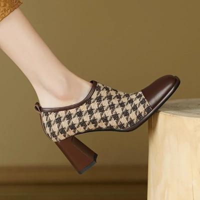 Новые женские ботильоны из твида в клетку, ботильоны на высоком каблуке, элегантные туфли с квадратным носком, сетчатые ботинки женские, зима