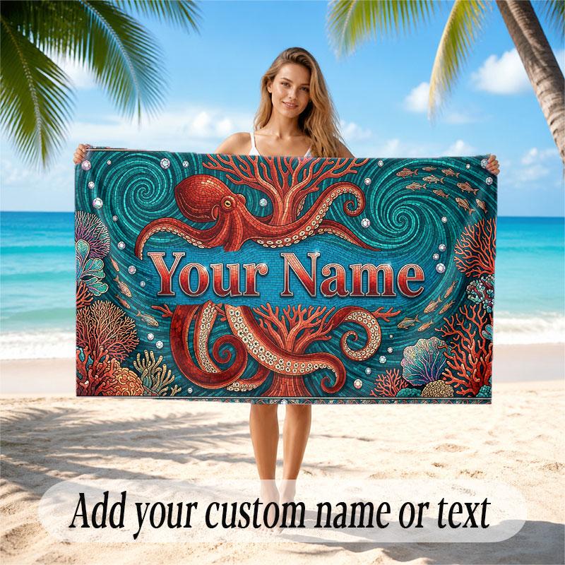 Octopus Sea Life Theme Soft Beach Towel Personalized Custom Name Text Towel Portable for Beach Pool Travel