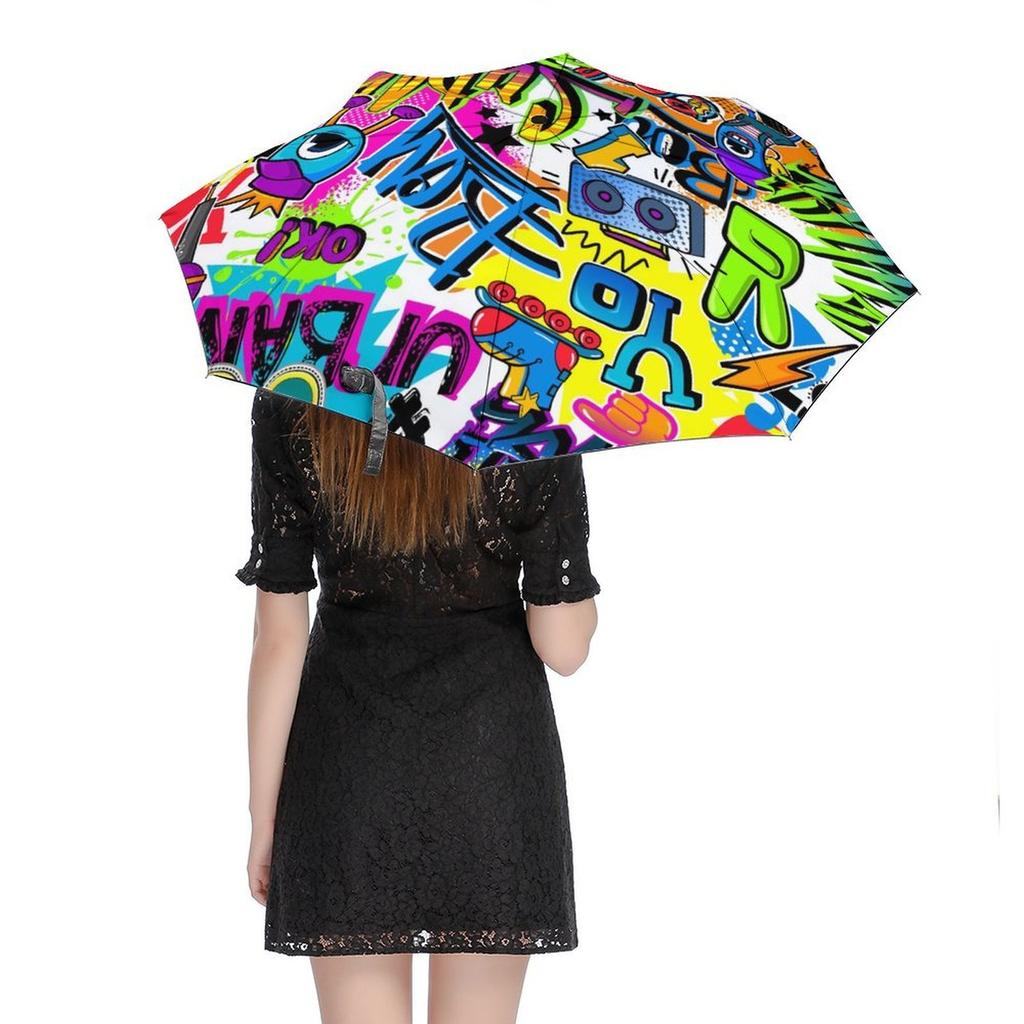 1 Pack Automatic Umbrella With Waterproof Black Coating And Wind Resistant Frame For Travel With Graffiti Inspired Tone