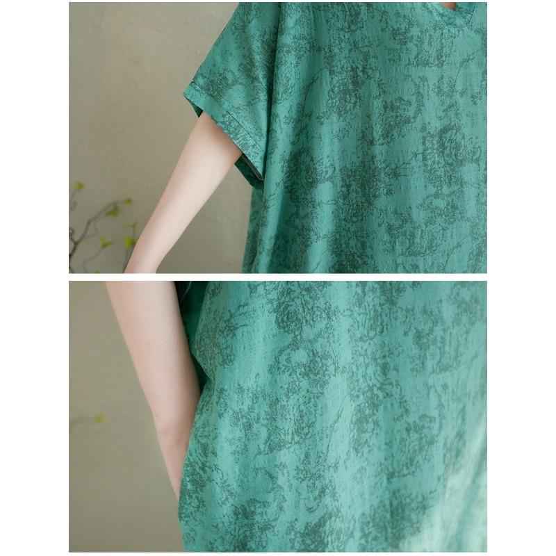 Dimanaf 2025 Plus Size Summer Women Long Dress Oversized Short Sleeve Loose Casual V-Neck Basic Printing Vintage Dress