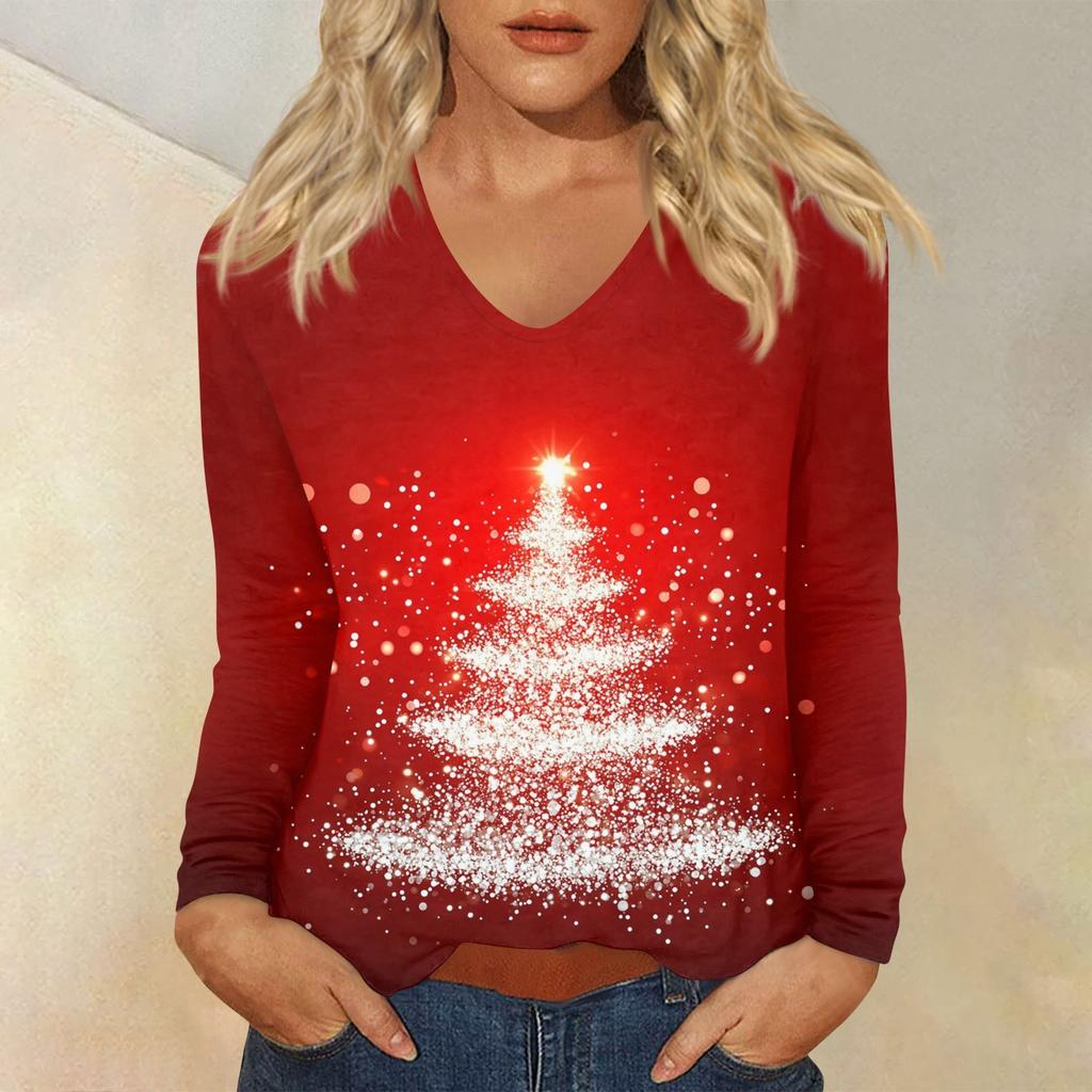 Women's Daily Casual Long Sleeve Christmas  Print V-neck Top
