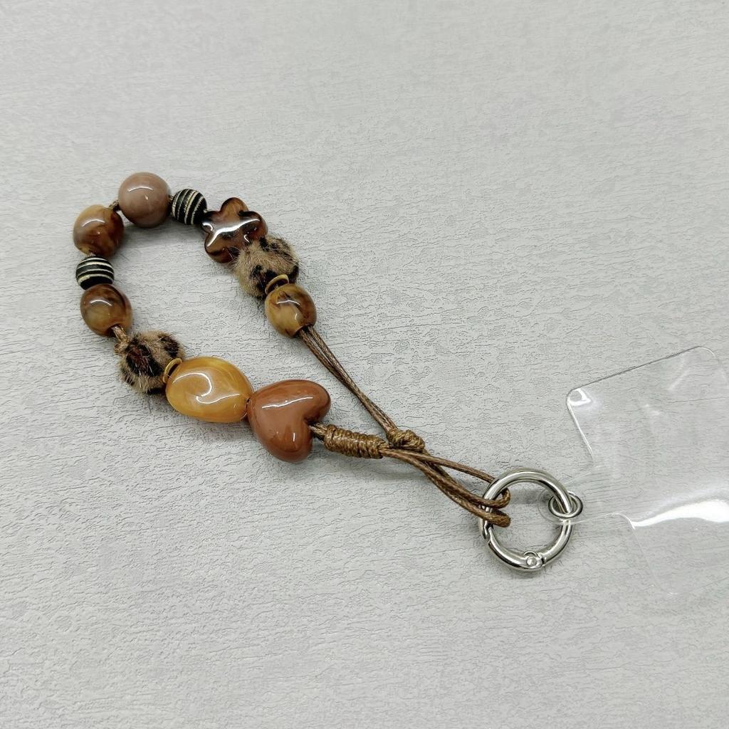 Niche Heavy Craft Cartoon Plush Leopard Brown Heart Beaded Phone Chain Bag Pendant DIY Bag Decoration Gift