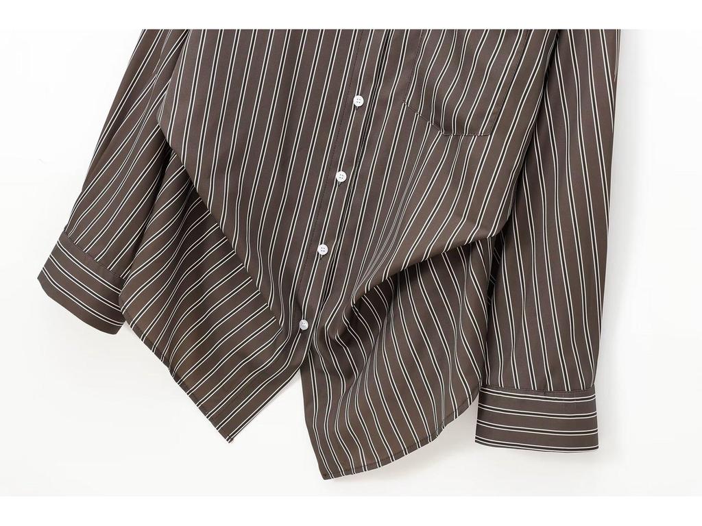 2024 Autumn Women's European & American Loose Casual Striped Long Sleeve Shirt