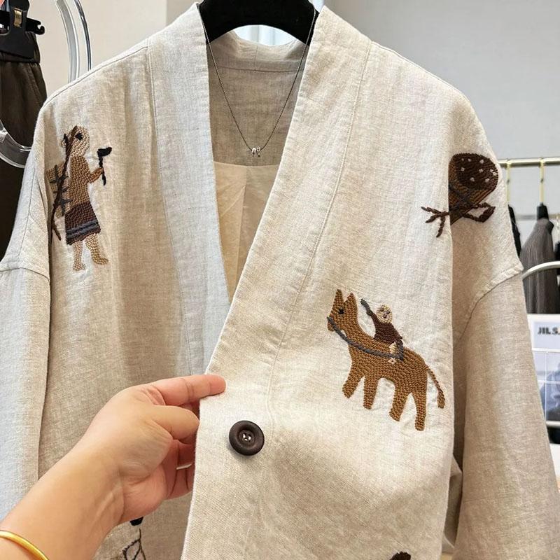 Coat for Women Cotton Autumn Thickened Casual Oversize Heavyweight Embroidered  V-Neck Jacket