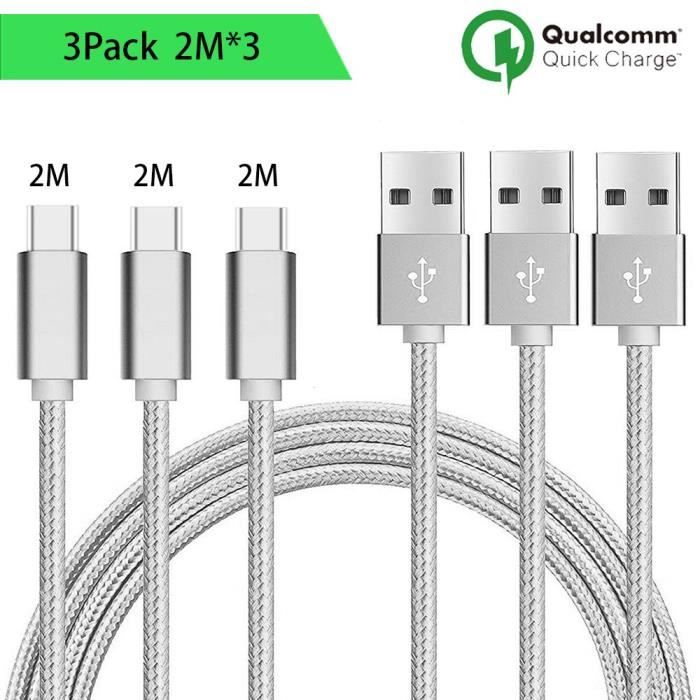 USB Type C Cable - Samsung - Galaxy S8 S8Plus S9 S9Plus S10 - 2M - Silver Nylon