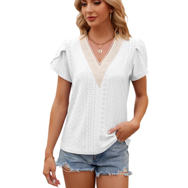 Spring Summer Lace Patchwork V-neck Loose Short Sleeved T-shirt for Women