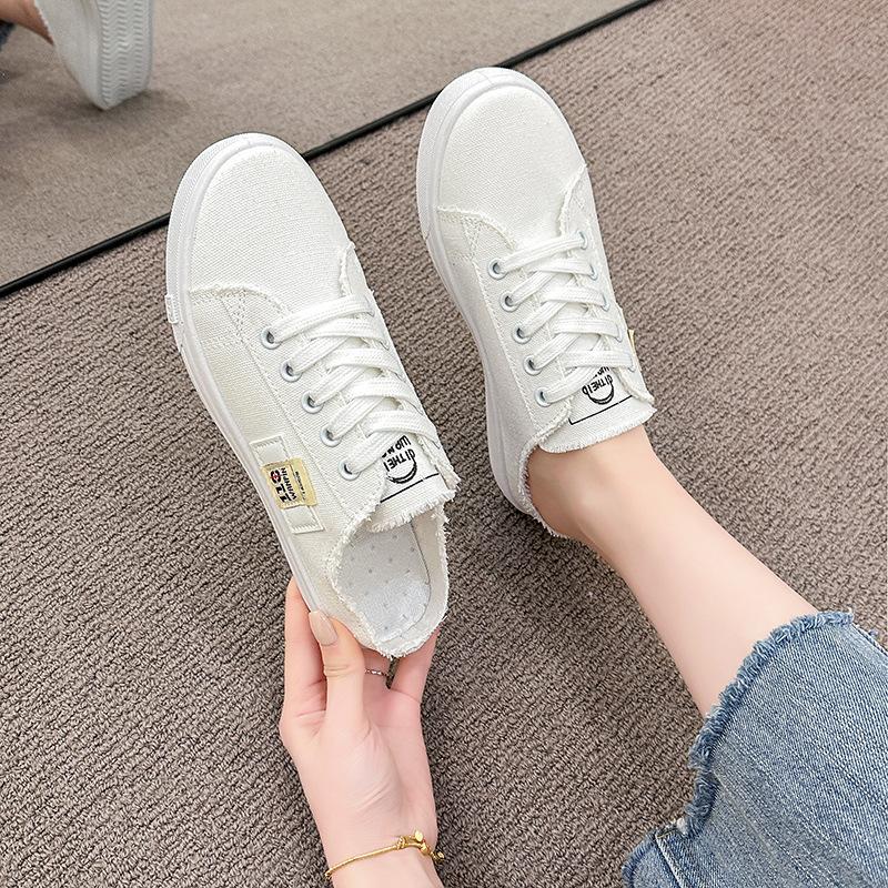 New Half Slippers Women's Little White Shoes 2025 Summer Canvas Shoes Breathable Slim Thin Baseplate Shoes Versatile Casual Shoes Women