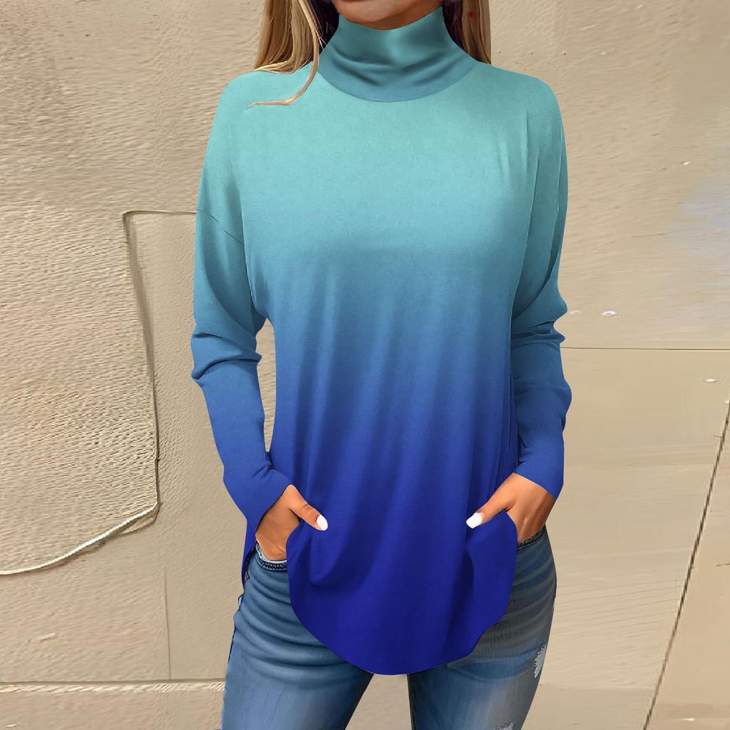 Футболки для женщин, осенние повседневные рубашки с длинными рукавами, толстовка с винтажным принтом, топ с высоким воротом, пуловер