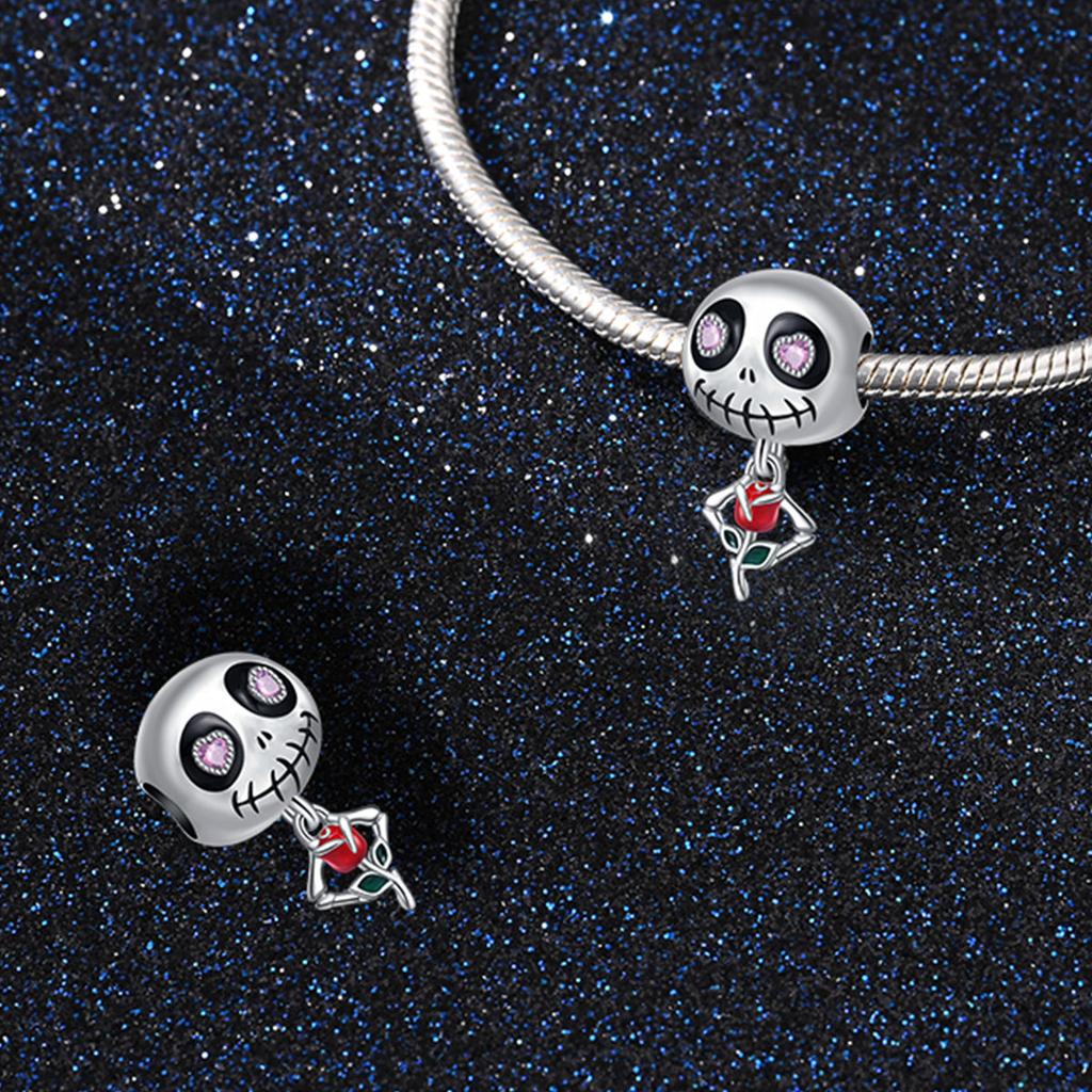 Stunning 925 Silver Ghost Rose Beads & Spider Silk Skull Dangle Charm Fits Bracelet Halloween Pendant Accessories Gifts
