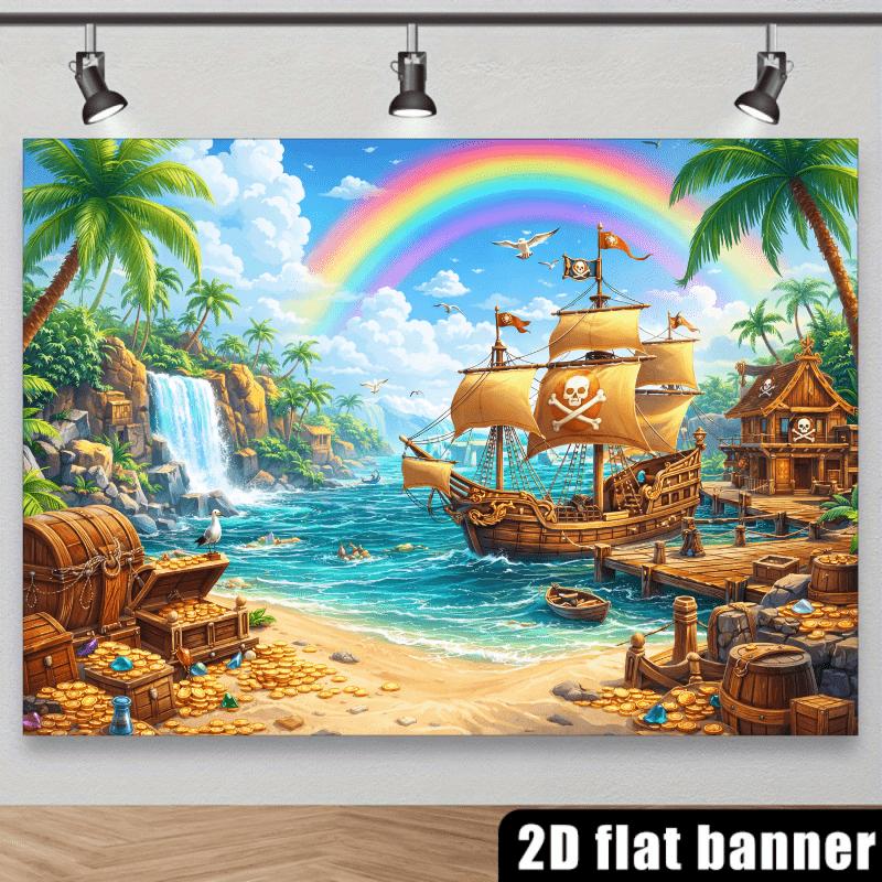 2D planar treasure island-themed background fabric featuring a pirate ship outdoors and studio elements