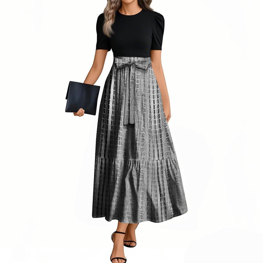 Женские модные повседневные платья с поясом, коротким рукавом, круглым вырезом, геометрическим узором, элегантные платья с темпераментом