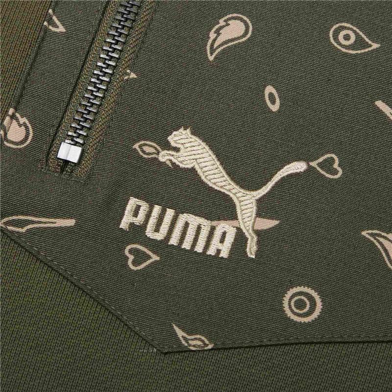 Puma Pineapple Flower Patchwork Zipper Pocket Round Neck Pullover Long Sleeve Sweatshirt Men Sweatshirt Dark-Green 534981-94
