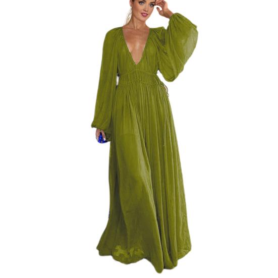 Женское вечернее платье с глубоким V-образным вырезом, плиссированное, с длинными рукавами, однотонное, с высокой талией, для отпуска, для пляжной вечеринки, платье макси, длинное платье для выпускного вечера