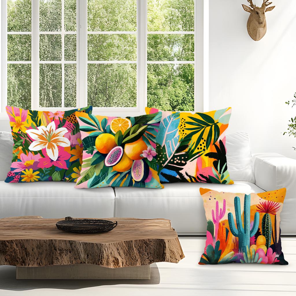 4 Pcs Color Splicing Flowers Single-Sided Printed Pillowcase Cushion Cover,Suitable For Living Room,Bedroom,Car Decoration