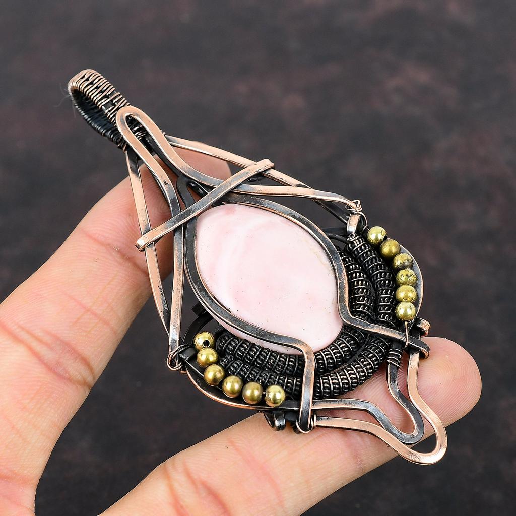 Кулон с розовым опалом, кулон из медной проволоки, кулон с драгоценным камнем, медная проволока, ювелирные изделия, подарок на годовщину, кулон ручной работы, кулон с камнем