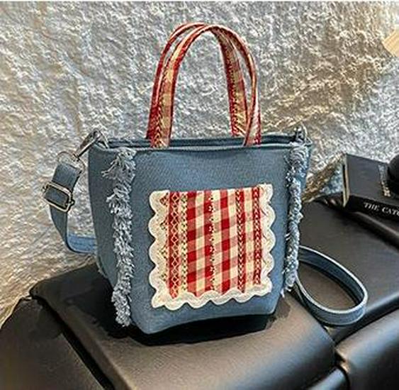 Korean Style Plaid Lace Bucket Handbag - Cute Bow Crossbody