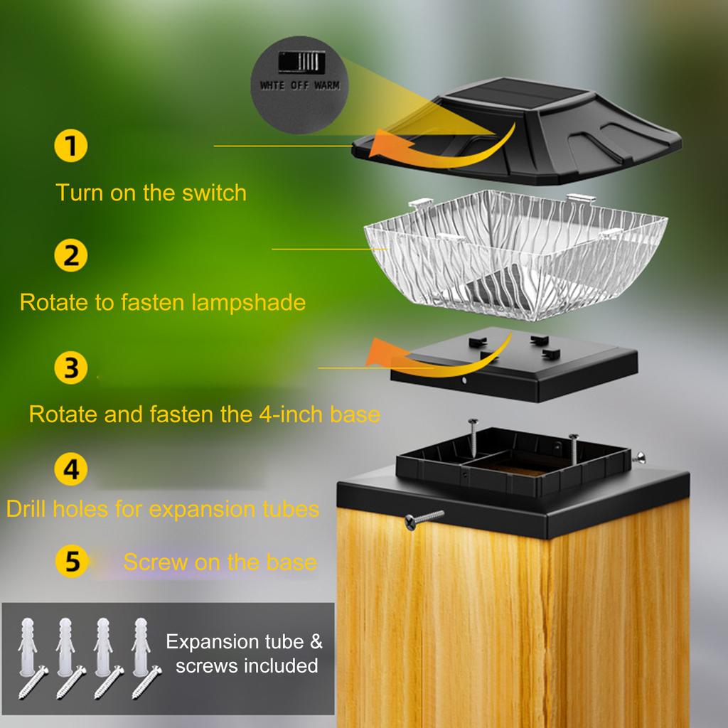 Outdoor Waterproof Solar Pillar Light Patio Garden Fence Gate Post Light 6X6 inch 600mAh Battery