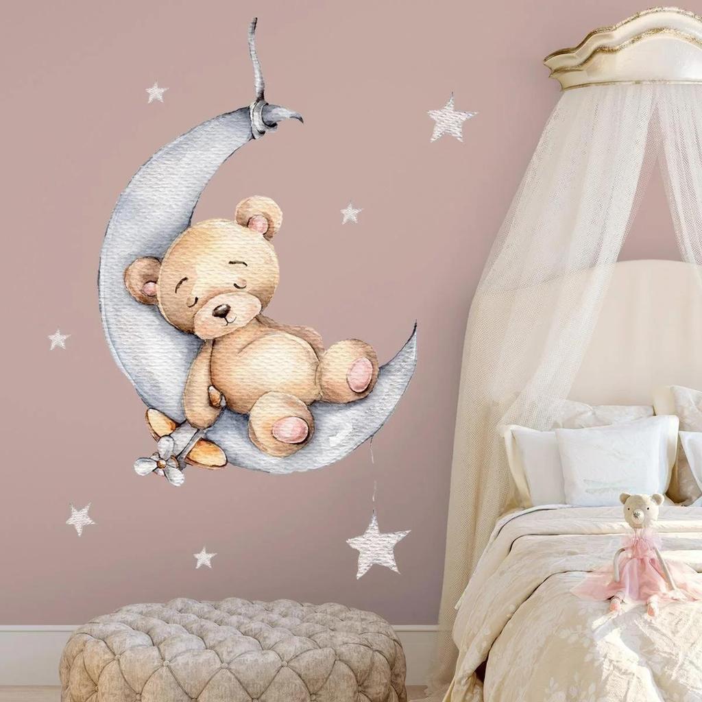 Настенные украшения НОВЫЕ мультяшные медведи, спящие на луне и звездах, настенные наклейки для детей, инструменты для украшения интерьера детской комнаты