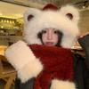 Winter New Cute Bear Plush Hat Women's Scarf Gloves All In One Hood Hat Thickened Warm Trendy Three Piece Set