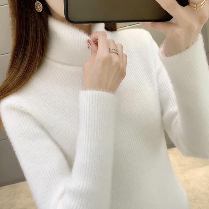 Женский пуловер 2022, однотонный норковый свитер с высоким воротником для женщин, осенне-зимний вязаный свитер с длинными рукавами, женские топы