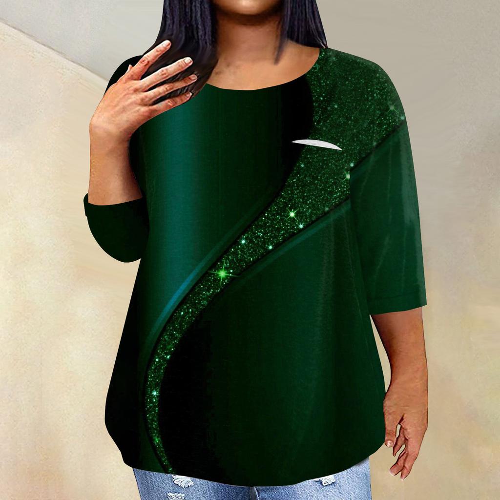 Women's Fashionable Casual Three Quarter Sleeve Printed Round Neck Pullover 4/3 Sleeve Top