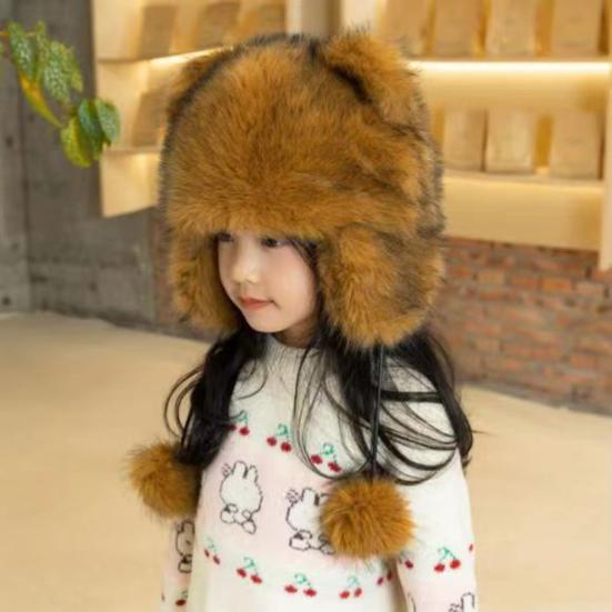 Детская зимняя шапка с завязкой и плюшевым шариком из толстого искусственного меха с рисунком енота на резинке