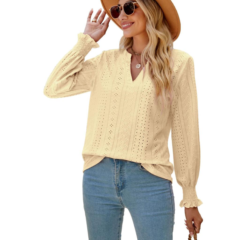 New Ladies Solid Color V-neck Casual Temperament Ladies Top Fashion Ladies Long Sleeves