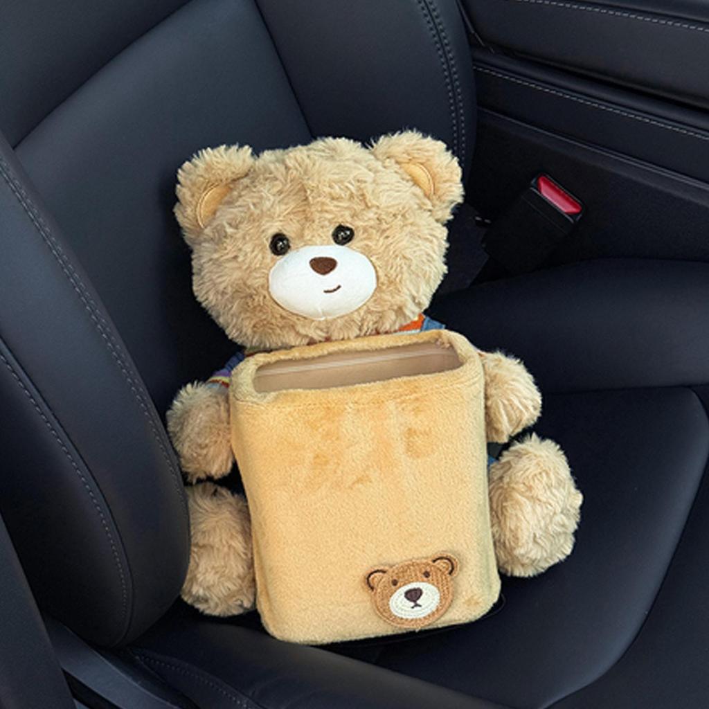 Cute Car Trash Can 2-in-1 Multifunctional Cute Plush Bear Waterproof Auto Storage Truck Trash Can For Home Desk Table Bedside