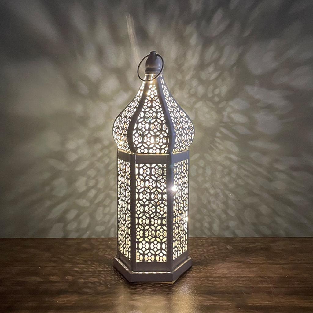 LED Wind Lamp Decorative Moroccan Style LED Iron Lantern with Hollow Pattern for Romantic Room Decoration