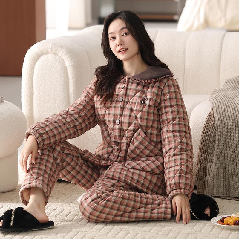 Тканая пижама из чистого хлопка с подкладкой, женская зимняя трехслойная утолщенная и бархатная зимняя домашняя одежда, теплый костюм