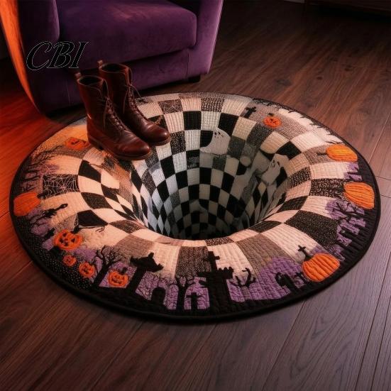 Soft Non-slip Floor Mat 3D Halloween Rug, Bottomless Pit Illusion Quilted Look Themed Home Rug Mat, Non-Slip Spooky Area for Living Room Bedroom Decor