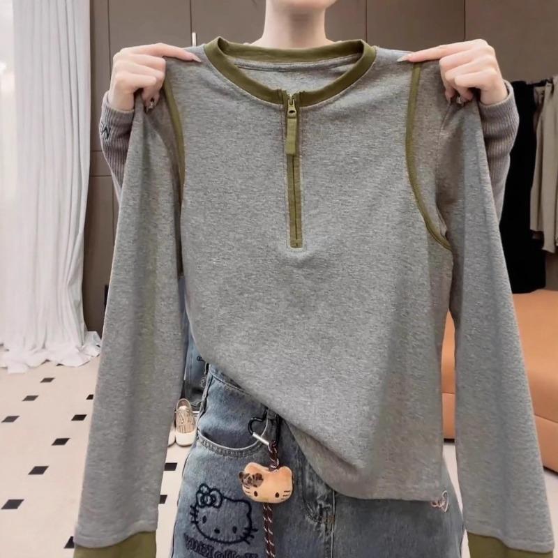 Spring and Autumn Half-zip Long-sleeved Everyday Versatile Cotton T-shirt Women's Autumn Contrasting Color Bottoming Shirt Top
