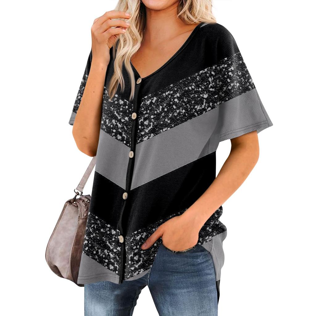 Женская футболка Футболка с принтом Женские рубашки V-образный вырез с короткими рукавами Туника на пуговицах Топы Блузка