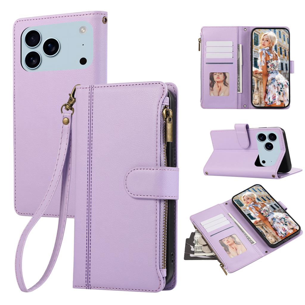 Чехол для iPhone 17 Pro с несколькими отделениями для карт, на молнии, кожаный чехол для телефона с ремешком на запястье