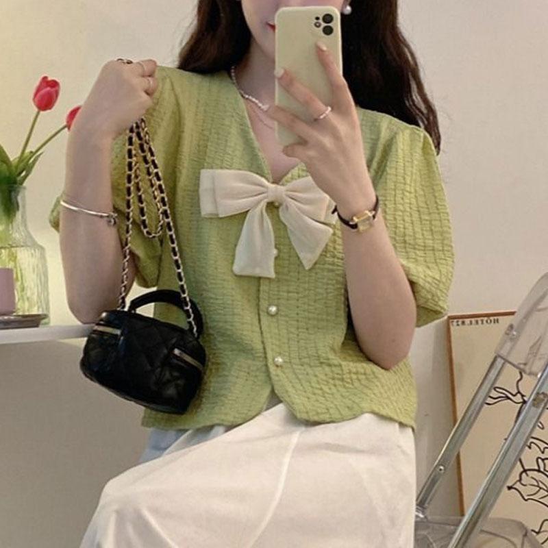 Korean Sweet V-Neck Bow Shirt Women's Clothing Elegant Single-breasted Summer Solid Color Casual Basic Short Sleeve Loose Blouse