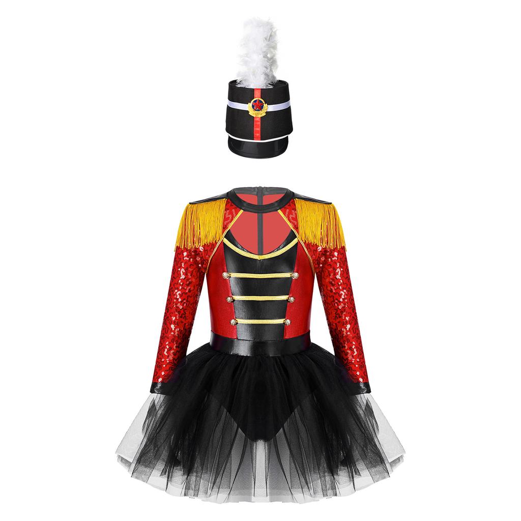 Kids Honour Guard Outfit Tutu Leotard Dress with Feather Hat Back Zipper for Cosplay