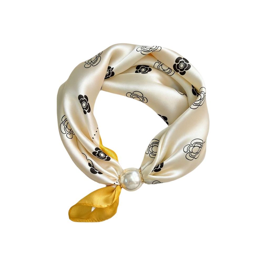 Breathable Silk Scarf Lightweight Printed Neck Scarf Elegant Pearl Buckle Scarf Women