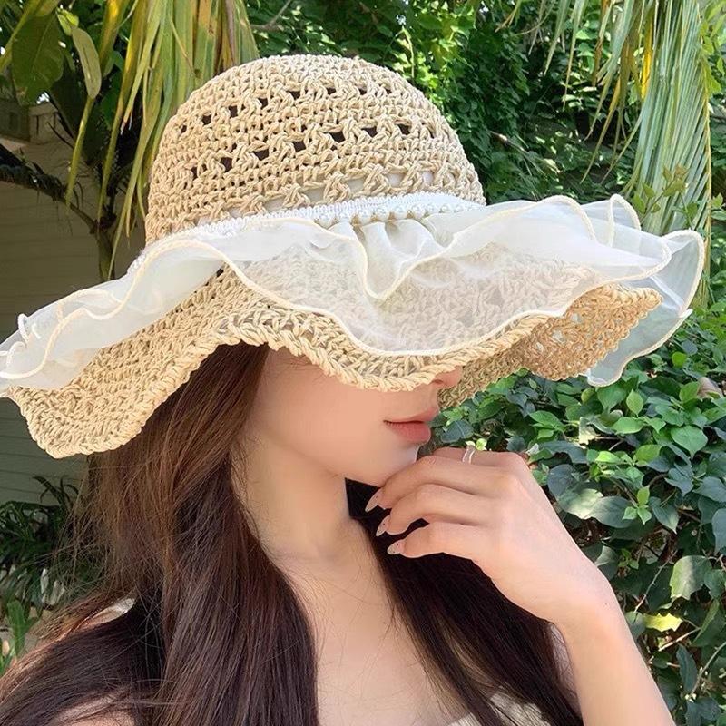 Кружевная соломенная шляпа от солнца детская с широкими полями летняя дышащая соломенная шляпа пляжная с защитой всего лица морская модная