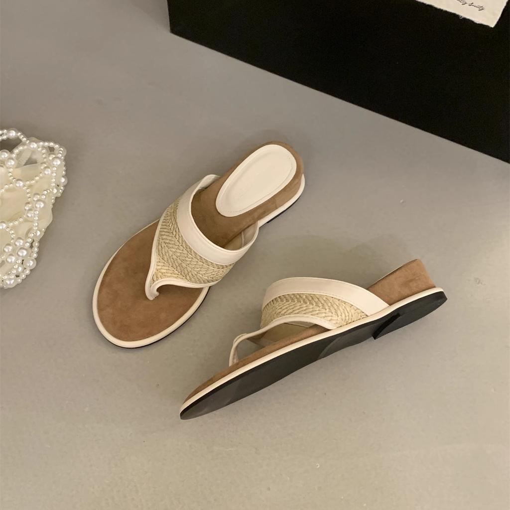French holiday style casual versatile thick-soled slippers women's beautiful straw woven soft bottom slope heel flip-flop toe cool slippers