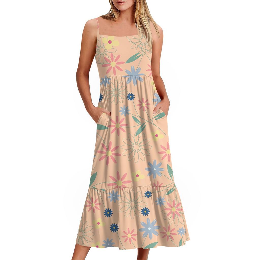 Women's Long Beach Casual Elegant Spaghetti Strap Maxi Dress Floral Low-key Flowing Bohemian Dress