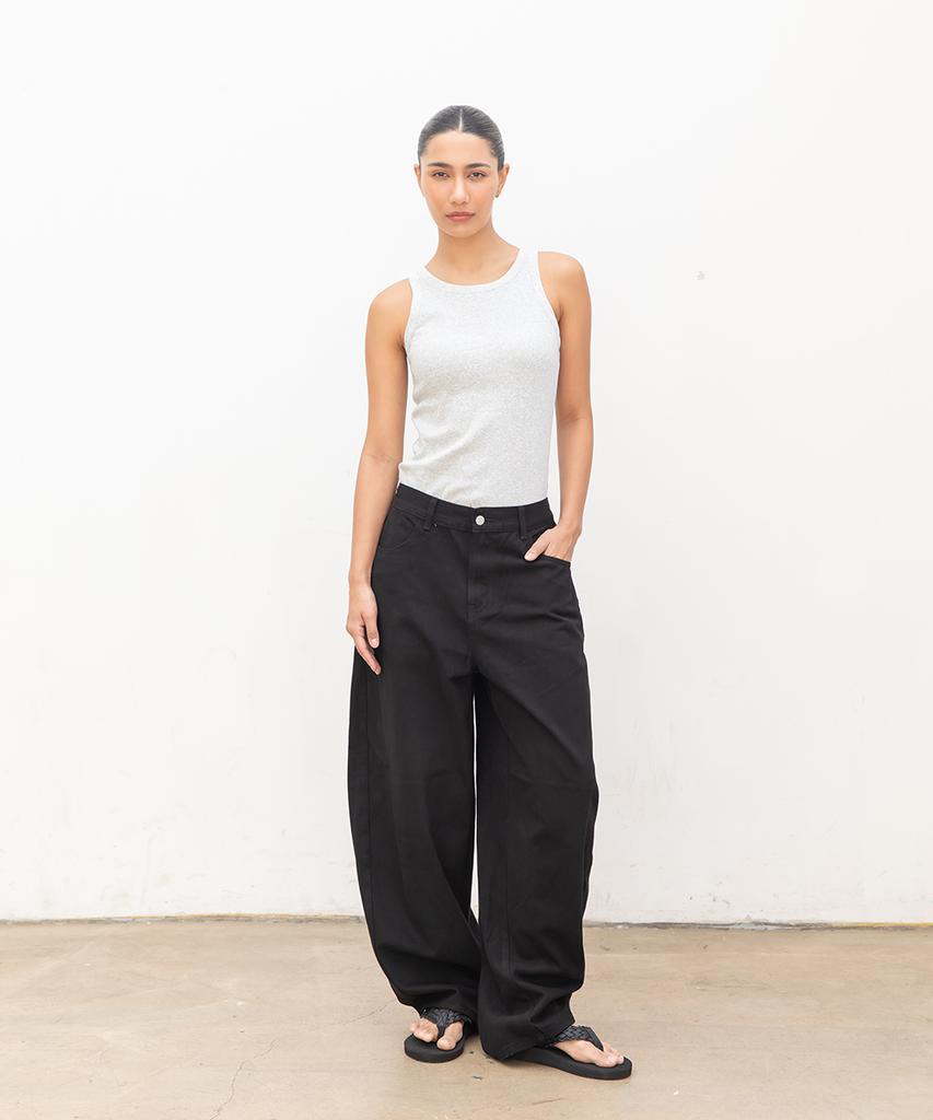 CHAMBROS Curved Balloon Cotton Denim Pants [Black]