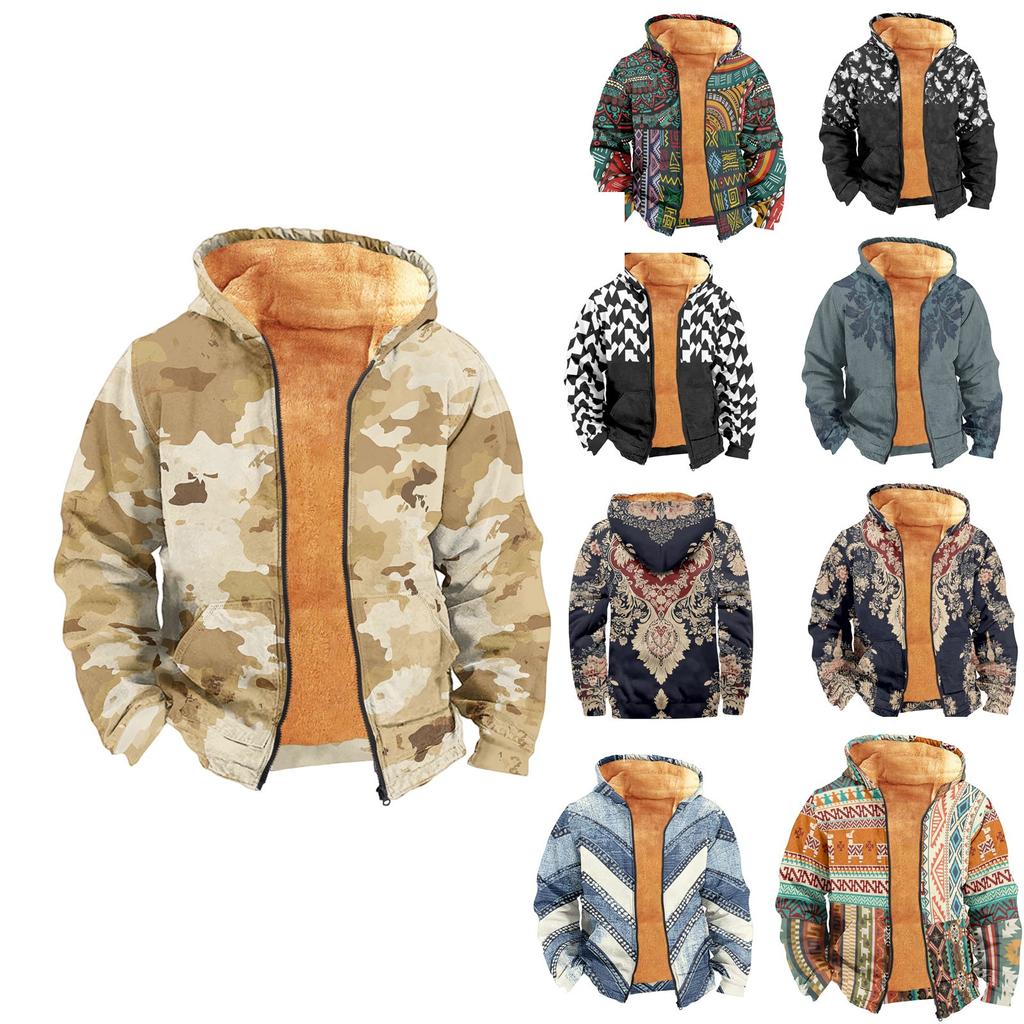 Men's Print Long Sleeve Pocket Coat Fashion Plus Velvet Overcoat