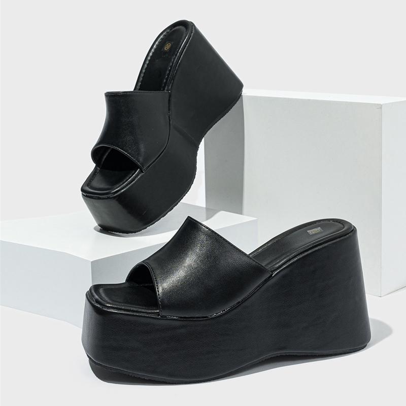 Liyke Designer Open Toe Wedges Slippers For Women Cozy Soft Pink Leather Chunky Platform Sandals Female Shoes High Heels Slides