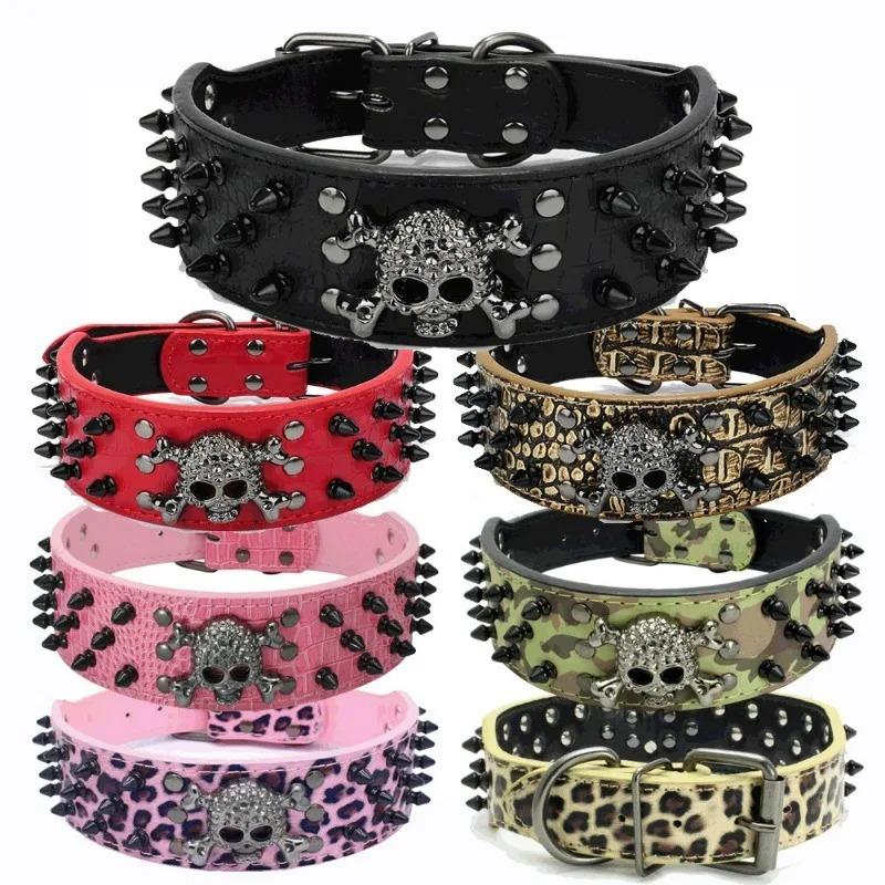 2" Wide Spiked Studded Leather Dog Collar Bullet Rivets with Cool Skull Pet Accessories for Meduim Large Dogs Pitbull Boxer XS-L