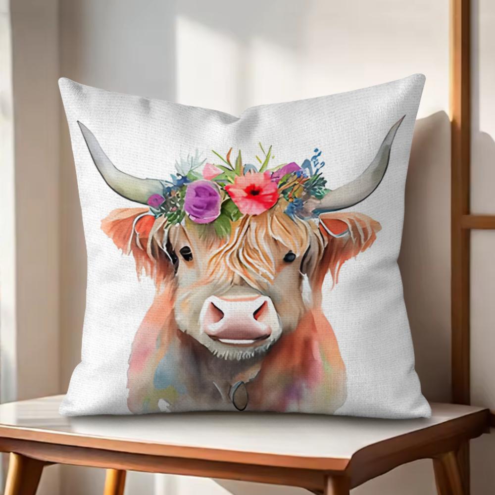 Highland cow  flower Cushion Cover Natural Linen Organic Fabric DoubleSided Printing Couch Pillow Covers Home Decor Gift