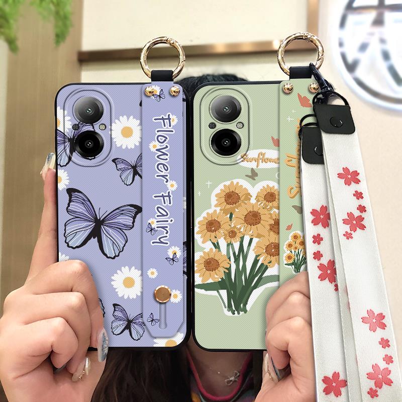 Fashion Design Ring Phone Case For Realme C67 4G Back Cover Kickstand Wrist Strap Anti-dust Anti-knock Soft Case Flower