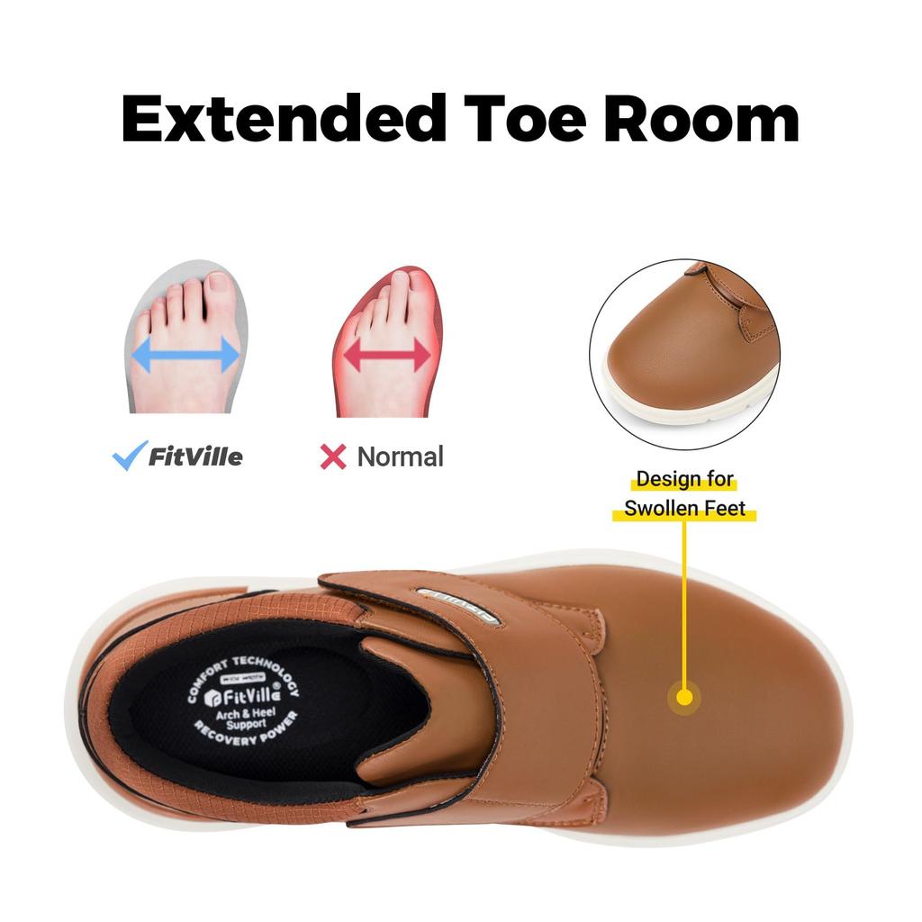 FitVille Walking Wide Подходящие для Премиум Мягкий Синтетический с Липучкой Легко Амортизирующие Дышащие Мужские Туфли, Посадка, 2e/4e, Пожилые, Водонепроницаемые, Кожаные,