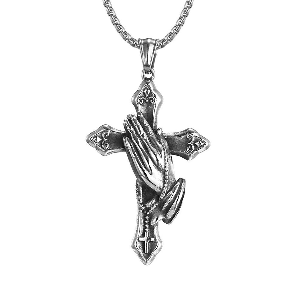 Vintage Praying Hands Cross Pendant Necklace hip-hop Stainless Steel Chain Neck Accessories Hip Hop Rock Jewelry Gifts